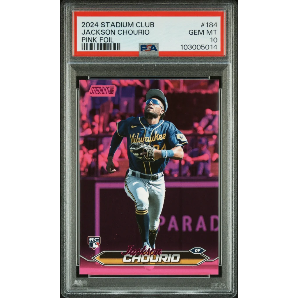 PSA Graded Jackson Chourio Pink Foil Stadium Club Baseball Card in display