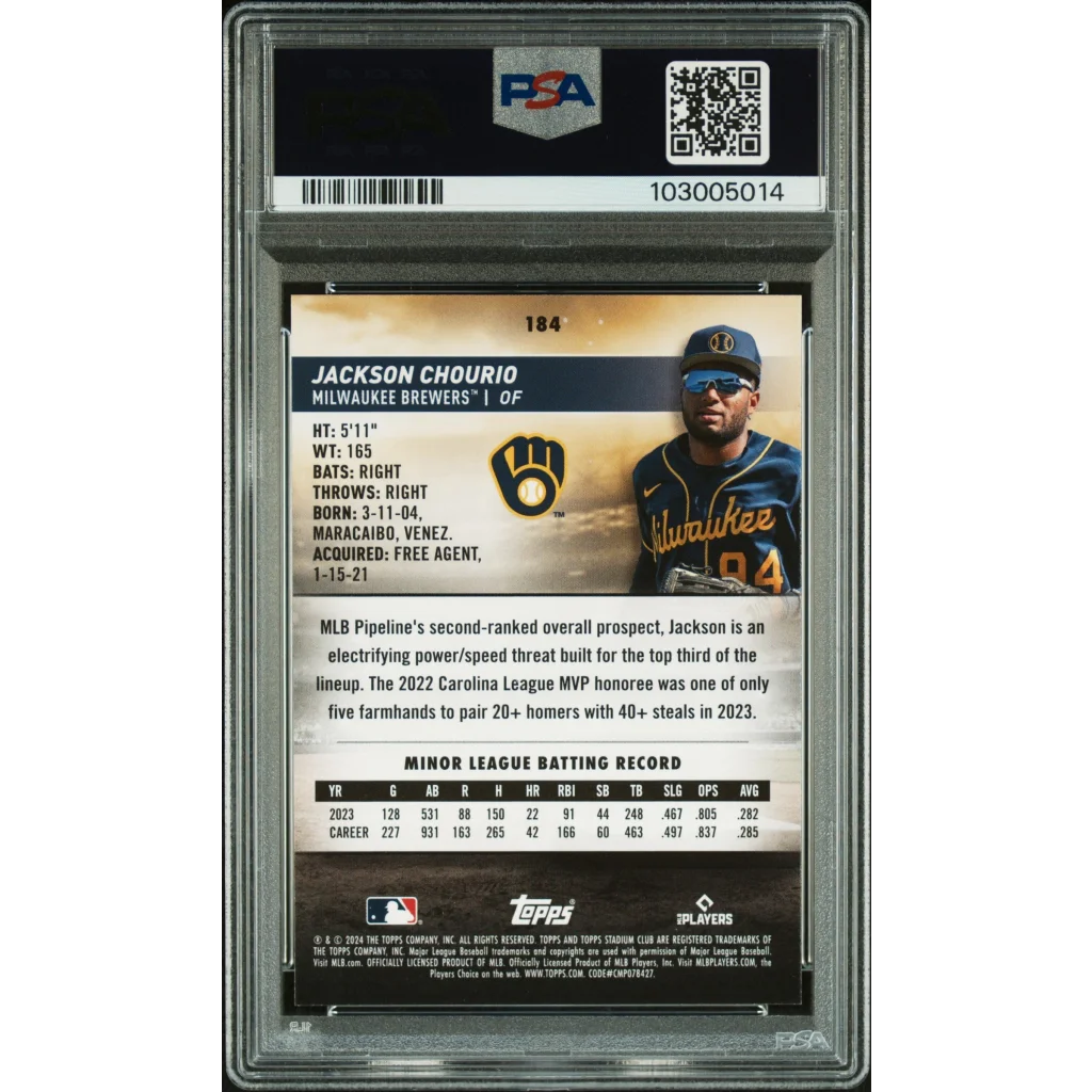 PSA graded Jackson Chourio Pink Foil Stadium Club Baseball Card on display