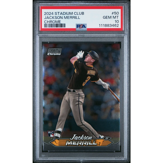 Graded 2024 Topps Stadium Club Jackson Merrill #50 Chrome Rookie RC Baseball Card PSA 10 Gem Mint