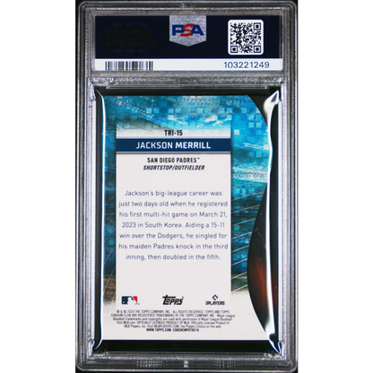 Graded PSA 10 Jackson Merrill San Diego Padres baseball card in Stadium Club Triumvirates style