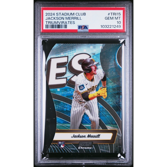 PSA 10 Jackson Merrill Stadium Club Triumvirates baseball card, Gem Mint grade