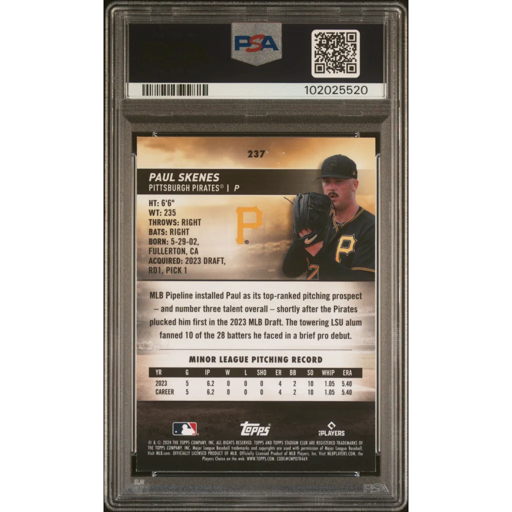 Graded Paul Skenes Pittsburgh Pirates rookie baseball card in PSA case