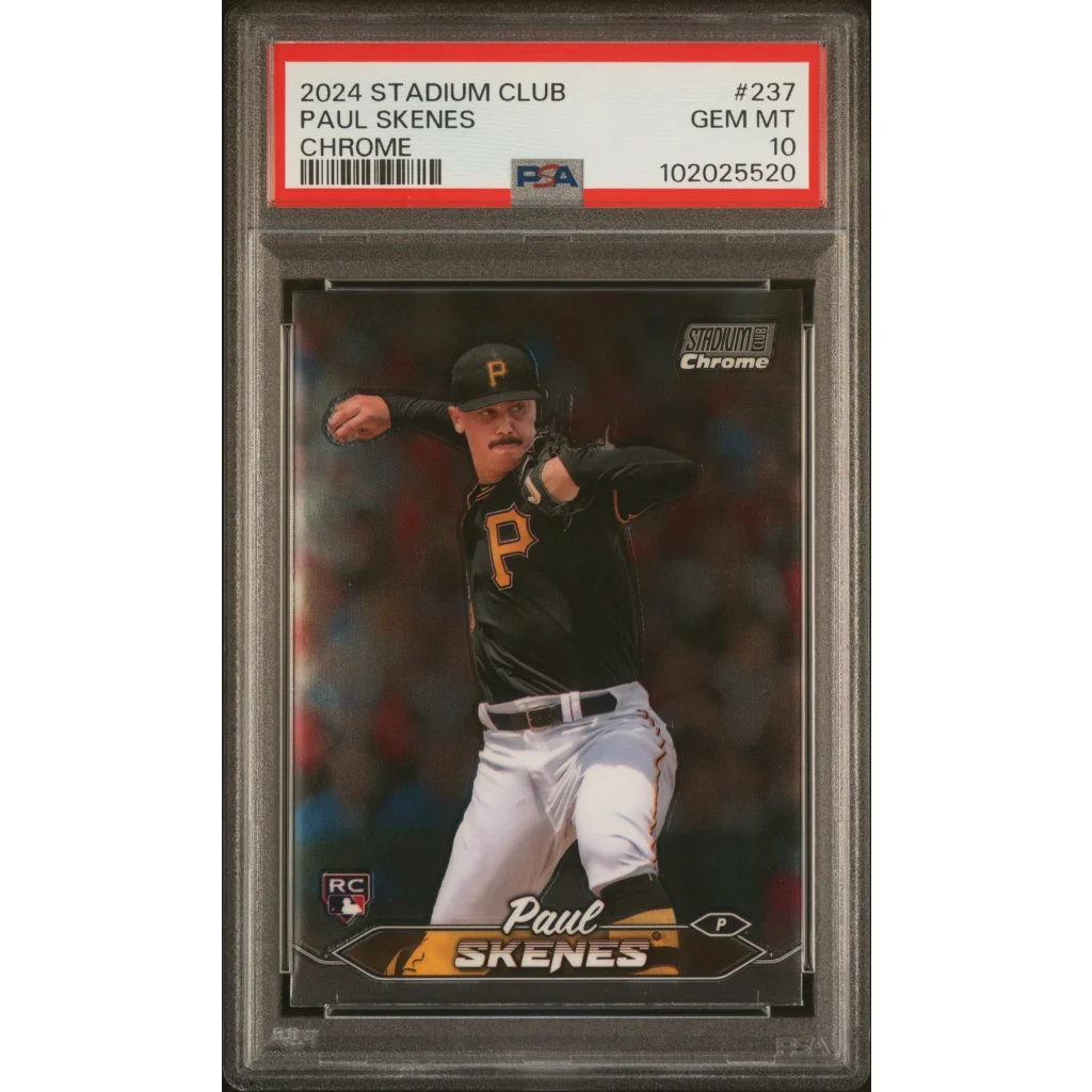 A graded Paul Skenes Pittsburgh Pirates rookie baseball card in PSA case