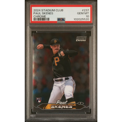 A graded Paul Skenes Pittsburgh Pirates rookie baseball card in PSA case