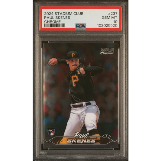 A graded Paul Skenes Pittsburgh Pirates rookie baseball card in PSA case