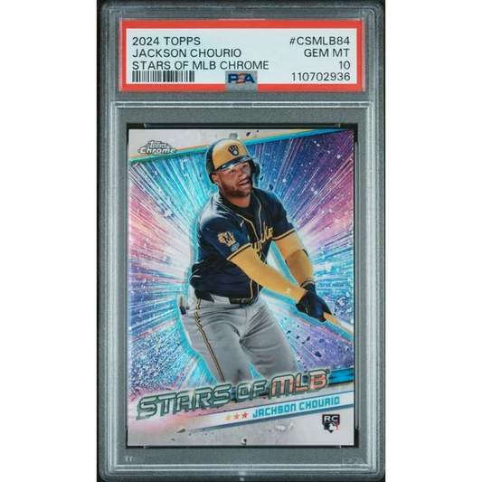 Graded 2024 Topps Stars of MLB Chrome Jackson Chourio #CSMLB84 Rookie RC Baseball Card PSA 10 Gem Mint | Hall of Fame Sports Memorabilia | vintageantiquesgifts.com