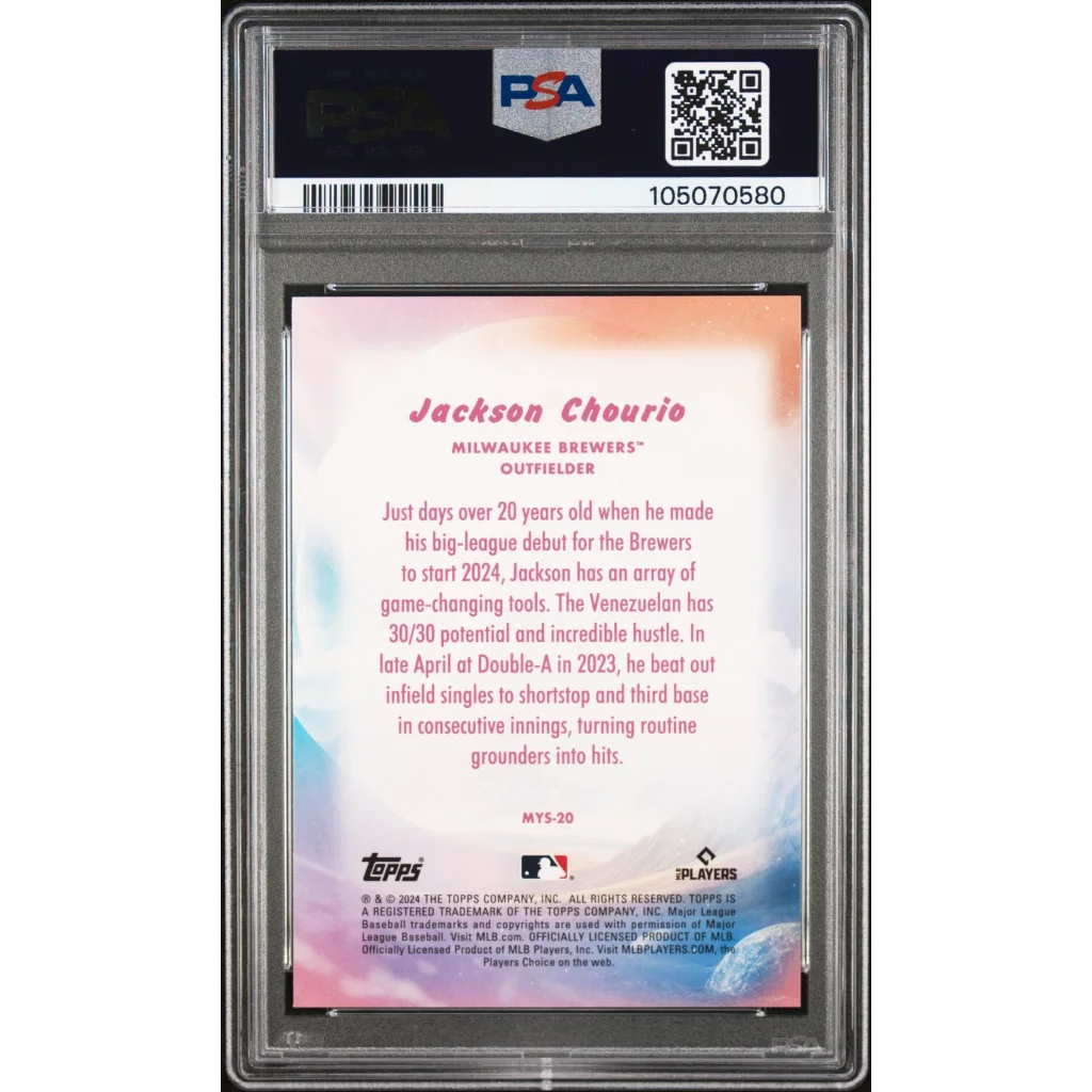 Graded 2024 Topps Update Jackson Chourio #MYS20 Mystical Rookie RC Baseball Card PSA 10 Gem Mint | PSA 10 Gem Mint Graded Rookie Card | vintageantiquesgifts.com
