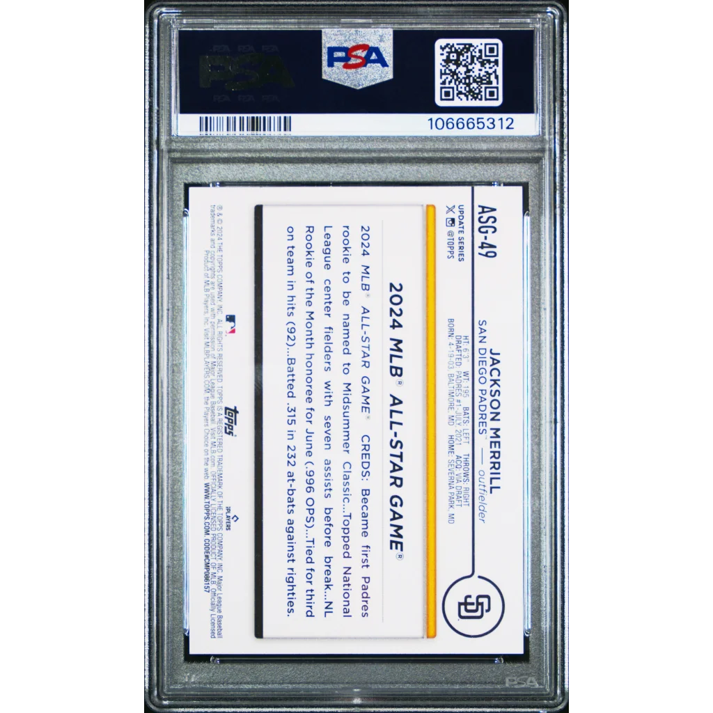 Graded 2024 Topps Update Jackson Merrill #ASG49 All Star Game Rookie RC Baseball Card PSA 10 Gem Mint | PSA 10 Gem Mint Graded Rookie Card | vintageantiquesgifts.com