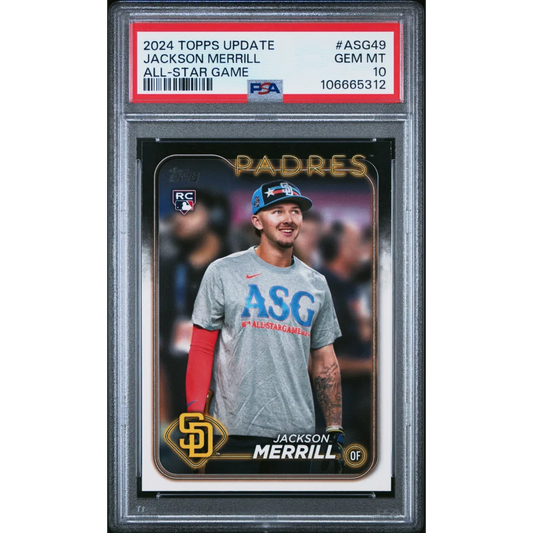 PSA graded Jackson Merrill 2024 Topps All-Star Rookie Card, authentic professional sports card