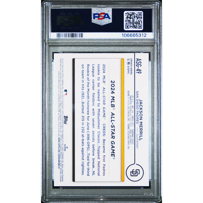 Graded Jackson Merrill baseball card by Professional Sports Authenticator for Topps Rookie Card