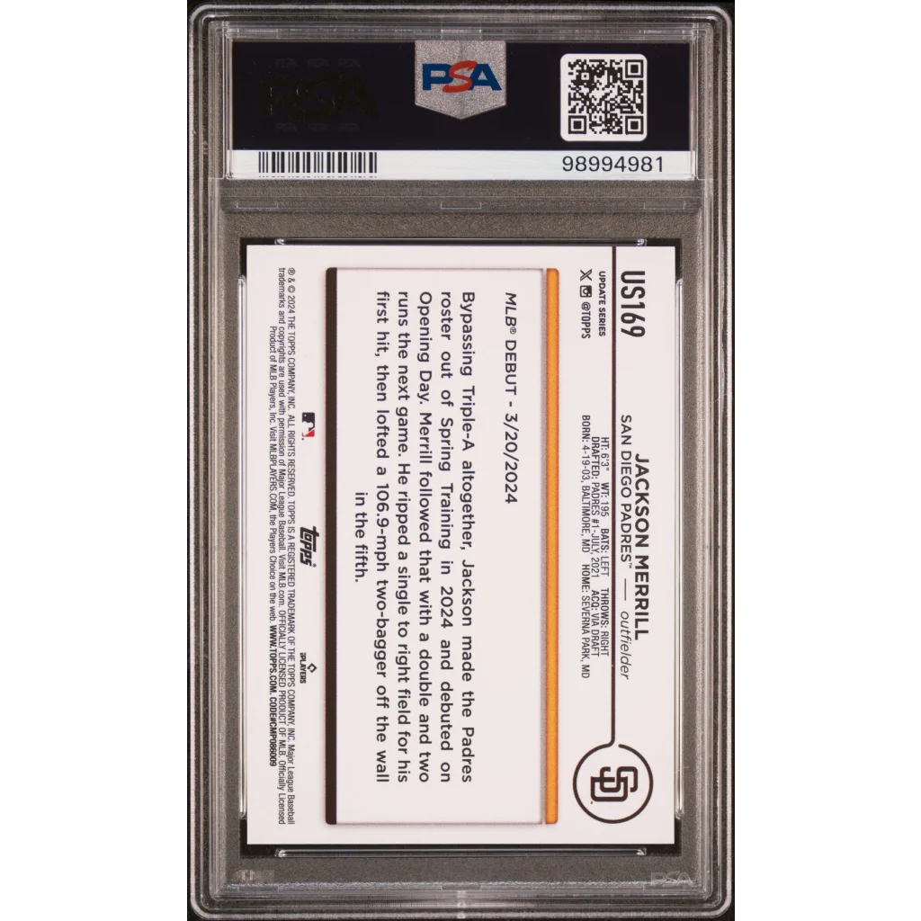Graded PSA 10 2024 Topps Update Jackson Merrill #US169 Rookie Card