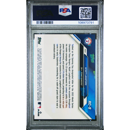 Graded Wyatt Langford 2024 Topps Now Rookie Cup Baseball Card in PSA case