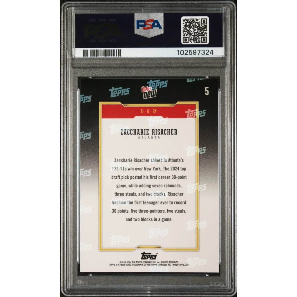 Graded 2024 Topps Now Zaccharie Risacher #5 Rookie RC Basketball Card PSA 10 Gem Mint | PSA 10 Gem Mint Graded Rookie Card | vintageantiquesgifts.com