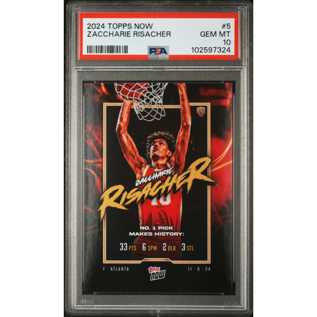 A graded Topps Now Basketball Trading Card in PSA case showing player action