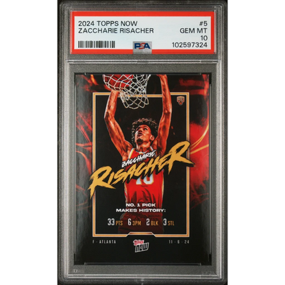 A graded Topps Now Basketball Trading Card in PSA case showing player action