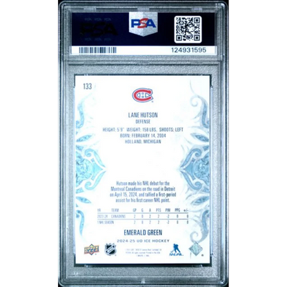 Graded 2024 Upper Deck Ice Lane Hutson #133 Emerald Green Rookie RC Hockey Card PSA 10 Gem Mint | PSA 10 Gem Mint Graded Rookie Card | vintageantiquesgifts.com
