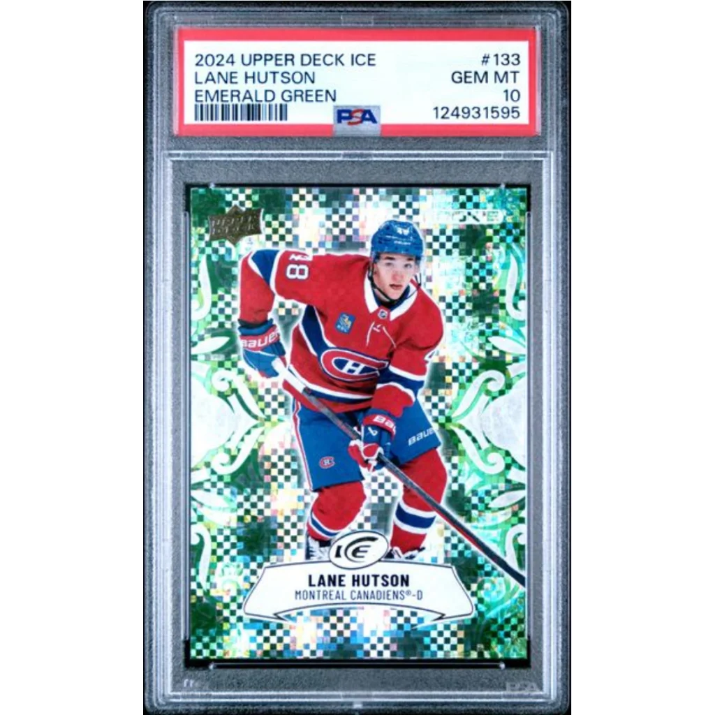 Graded 2024 Upper Deck Ice Lane Hutson #133 Emerald Green Rookie RC Hockey Card PSA 10 Gem Mint | Hall of Fame Sports Memorabilia | vintageantiquesgifts.com
