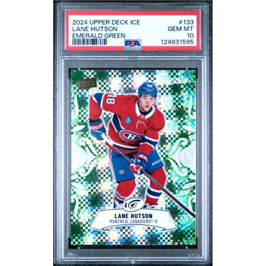 Graded 2024 Upper Deck Ice Lane Hutson #133 Emerald Green Rookie RC Hockey Card PSA 10 Gem Mint | Hall of Fame Sports Memorabilia | vintageantiquesgifts.com