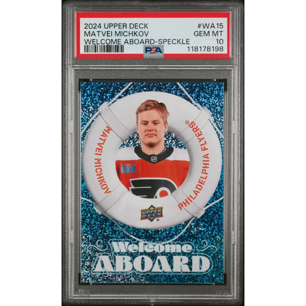 Graded 2024 Upper Deck Matvei Michkov #WA15 Welcome Aboard Speckle Rookie RC Hockey Card PSA 10 Gem Mint | Hall of Fame Sports Memorabilia | vintageantiquesgifts.com
