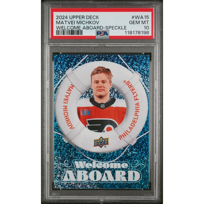 Graded 2024 Upper Deck Matvei Michkov #WA15 Welcome Aboard Speckle Rookie RC Hockey Card PSA 10 Gem Mint | Hall of Fame Sports Memorabilia | vintageantiquesgifts.com