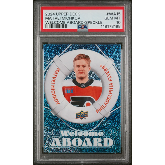 Graded 2024 Upper Deck Matvei Michkov #WA15 Welcome Aboard Speckle Rookie RC Hockey Card PSA 10 Gem Mint | Hall of Fame Sports Memorabilia | vintageantiquesgifts.com