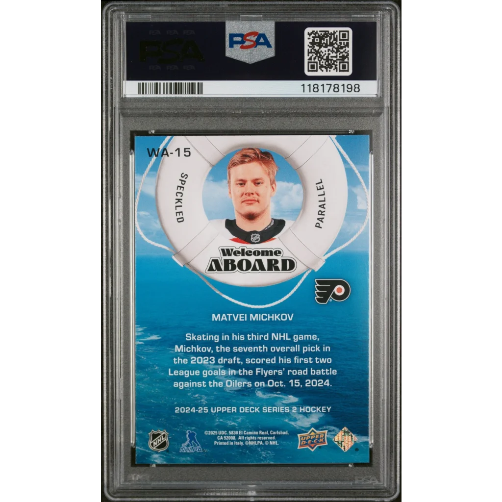 Graded 2024 Upper Deck Matvei Michkov #WA15 Welcome Aboard Speckle Rookie RC Hockey Card PSA 10 Gem Mint | PSA 10 Gem Mint Graded Rookie Card | vintageantiquesgifts.com
