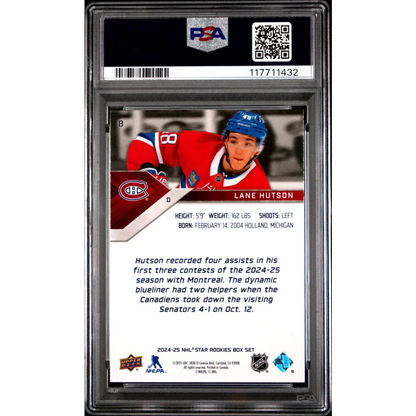 PSA 10 gem mint Lane Hutson 2024 Upper Deck Star Rookies RC hockey card slabbed