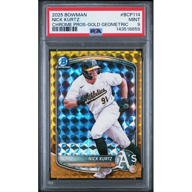 Graded 2025 Bowman Chrome Nick Kurtz BCP114 50 Gold Geometric Rookie RC Baseball Card PSA 9 Mint | Hall of Fame Sports Memorabilia | vintageantiquesgifts.com