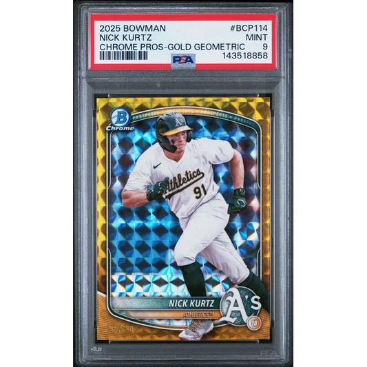 Graded 2025 Bowman Chrome Nick Kurtz BCP114 50 Gold Geometric Rookie RC Baseball Card PSA 9 Mint | Hall of Fame Sports Memorabilia | vintageantiquesgifts.com