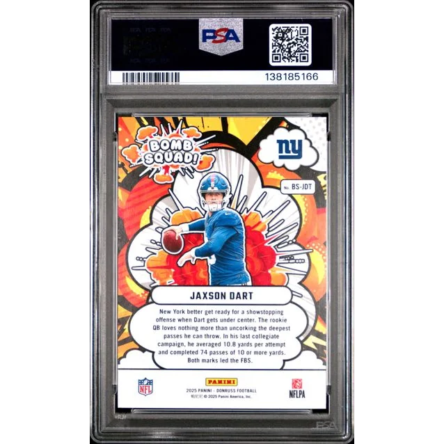 Graded 2025 Donruss Jaxson Dart BSJDT Bomb Squad Rookie RC Football Card PSA 10 Gem Mint | PSA 10 Gem Mint Graded Rookie Card | vintageantiquesgifts.com