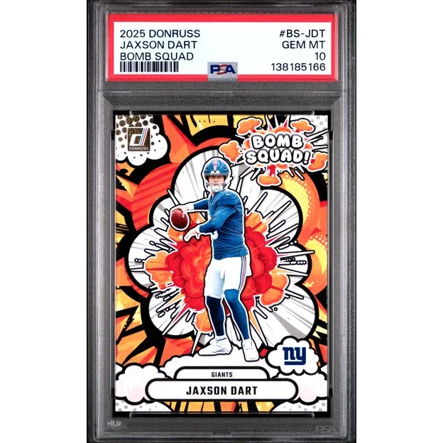 Graded 2025 Donruss Jaxson Dart BSJDT Bomb Squad Rookie RC Football Card PSA 10 Gem Mint | Hall of Fame Sports Memorabilia | vintageantiquesgifts.com