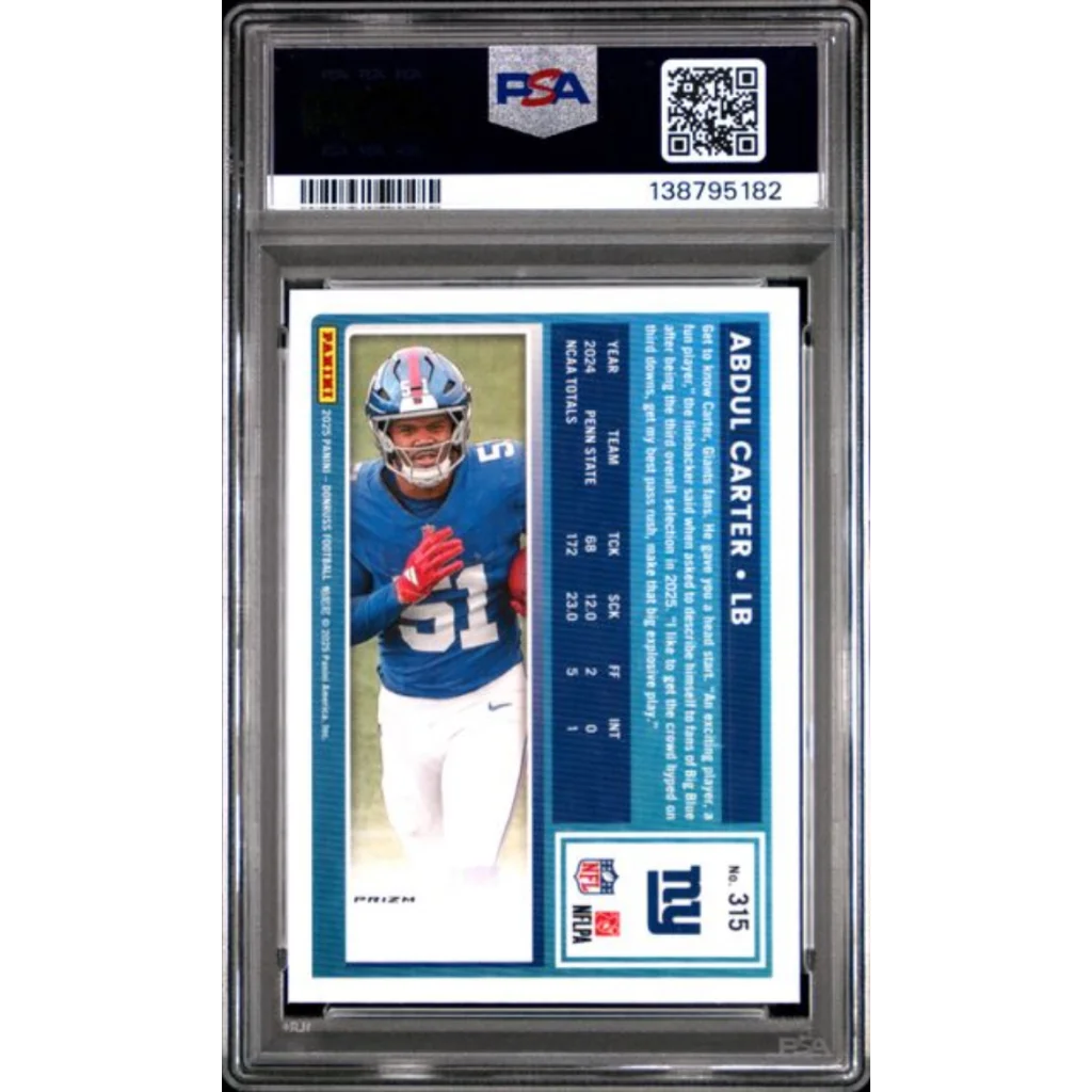 Graded 2025 Panini Donruss Abdul Carter 315 Optic Preview Red Pandora Rookie RC Football Card PSA 10 Gem Mint | PSA 10 Gem Mint Graded Rookie Card | vintageantiquesgifts.com