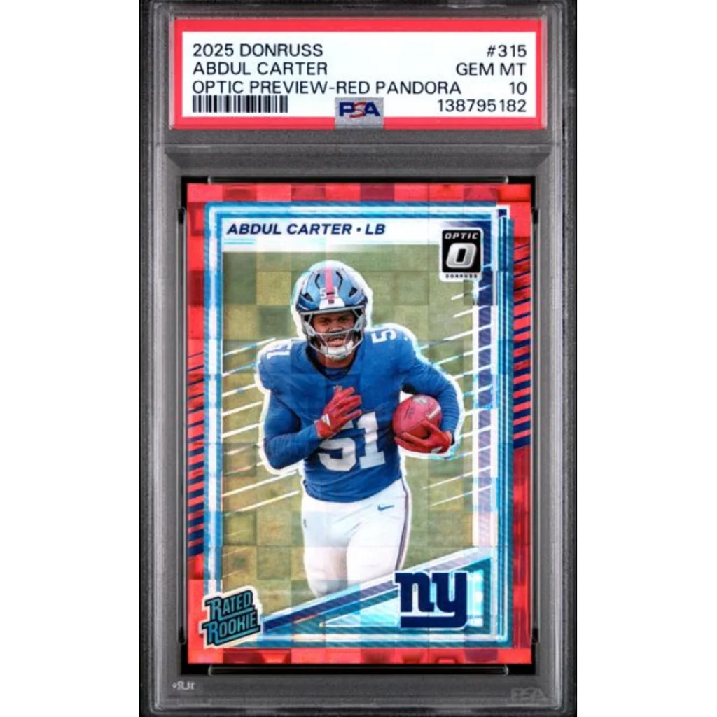 Graded 2025 Panini Donruss Abdul Carter 315 Optic Preview Red Pandora Rookie RC Football Card PSA 10 Gem Mint | Hall of Fame Sports Memorabilia | vintageantiquesgifts.com