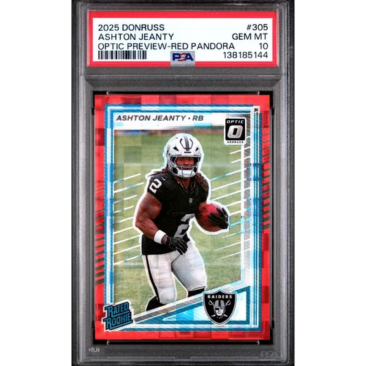 Graded 2025 Panini Donruss Ashton Jeanty 305 Optic Preview Red Pandora Rookie RC Football Card PSA 10 Gem Mint | Hall of Fame Sports Memorabilia | vintageantiquesgifts.com