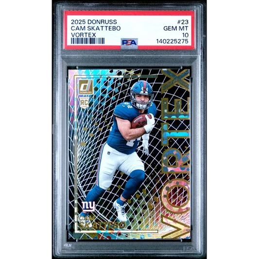 Graded 2025 Panini Donruss Cam Skattebo 23 Vortex Rookie RC Football Card PSA 10 Gem Mint | Hall of Fame Sports Memorabilia | vintageantiquesgifts.com