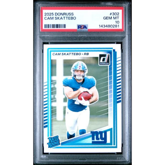 Graded 2025 Panini Donruss Cam Skattebo 302 Rookie RC Football Card PSA 10 Gem Mint | Hall of Fame Sports Memorabilia | vintageantiquesgifts.com