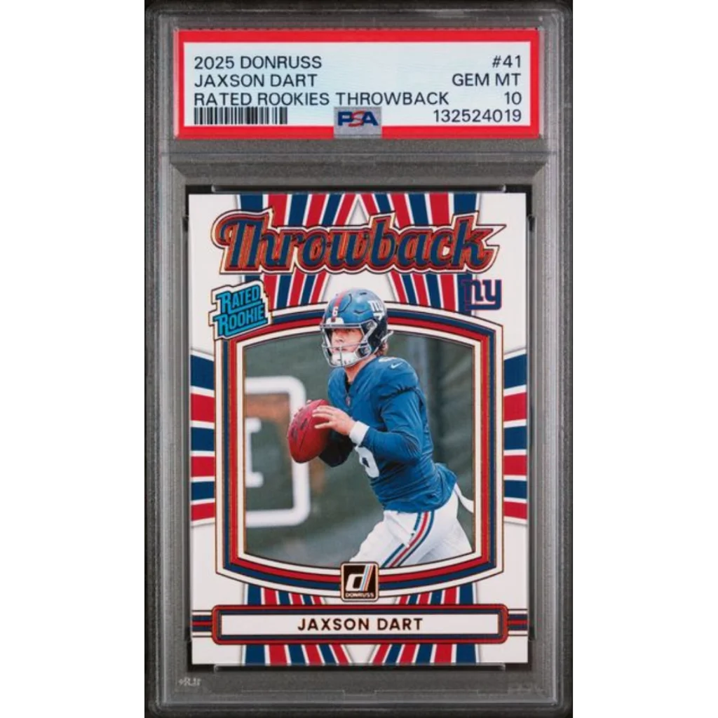 Graded 2025 Panini Donruss Jaxson Dart #41 Rated Rookies Throwback Rookie RC Football Card PSA 10 Gem Mint | Hall of Fame Sports Memorabilia | vintageantiquesgifts.com