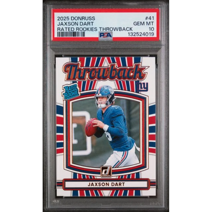 Graded 2025 Panini Donruss Jaxson Dart #41 Rated Rookies Throwback Rookie RC Football Card PSA 10 Gem Mint | Hall of Fame Sports Memorabilia | vintageantiquesgifts.com