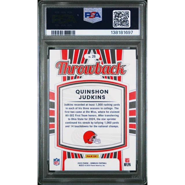Graded 2025 Panini Donruss Quinshon Judkins #26 Rated Rookies Throwback Rookie RC Football Card PSA 10 Gem Mint | PSA 10 Gem Mint Graded Rookie Card | vintageantiquesgifts.com