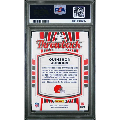 Graded 2025 Panini Donruss Quinshon Judkins #26 Rated Rookies Throwback Rookie RC Football Card PSA 10 Gem Mint | PSA 10 Gem Mint Graded Rookie Card | vintageantiquesgifts.com