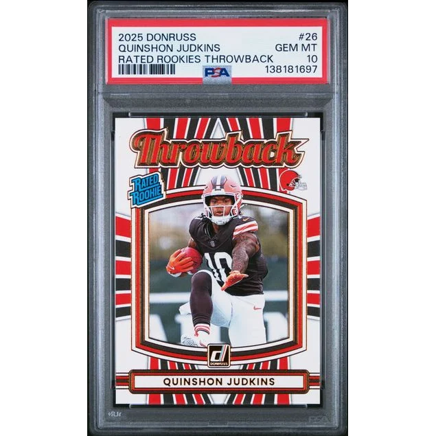 Graded 2025 Panini Donruss Quinshon Judkins #26 Rated Rookies Throwback Rookie RC Football Card PSA 10 Gem Mint | Hall of Fame Sports Memorabilia | vintageantiquesgifts.com