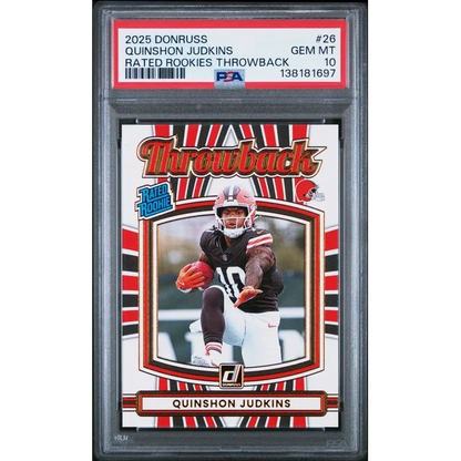 Graded 2025 Panini Donruss Quinshon Judkins #26 Rated Rookies Throwback Rookie RC Football Card PSA 10 Gem Mint | Hall of Fame Sports Memorabilia | vintageantiquesgifts.com