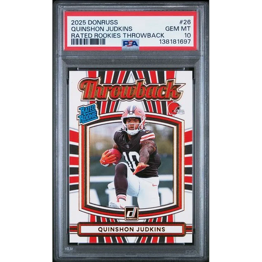 Graded 2025 Panini Donruss Quinshon Judkins #26 Rated Rookies Throwback Rookie RC Football Card PSA 10 Gem Mint | Hall of Fame Sports Memorabilia | vintageantiquesgifts.com
