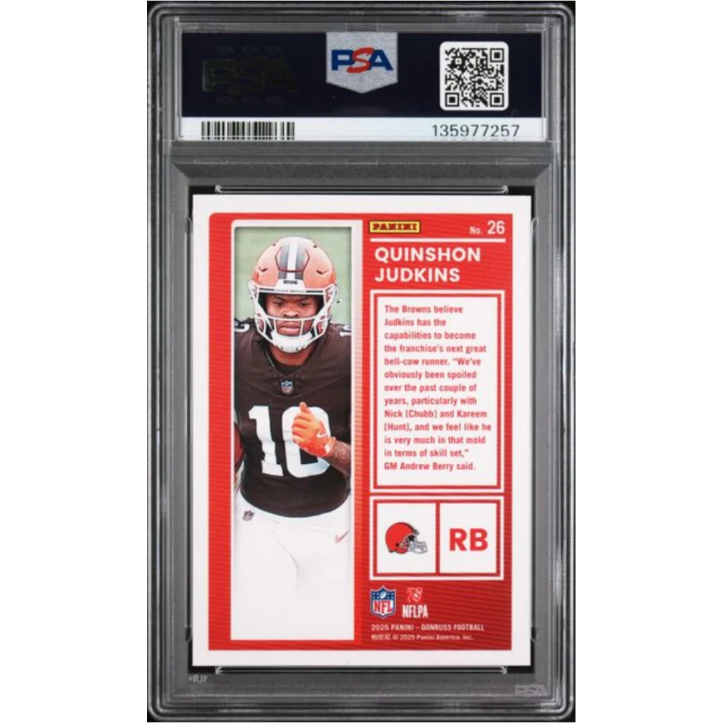 Graded 2025 Panini Donruss Quinshon Judkins #26 The Rookies Rookie RC Football Card PSA 10 Gem Mint | PSA 10 Gem Mint Graded Rookie Card | vintageantiquesgifts.com