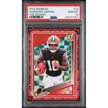Graded 2025 Panini Donruss Quinshon Judkins #26 The Rookies Rookie RC Football Card PSA 10 Gem Mint | Hall of Fame Sports Memorabilia | vintageantiquesgifts.com