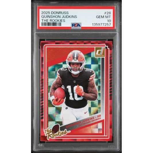Graded 2025 Panini Donruss Quinshon Judkins #26 The Rookies Rookie RC Football Card PSA 10 Gem Mint | Hall of Fame Sports Memorabilia | vintageantiquesgifts.com