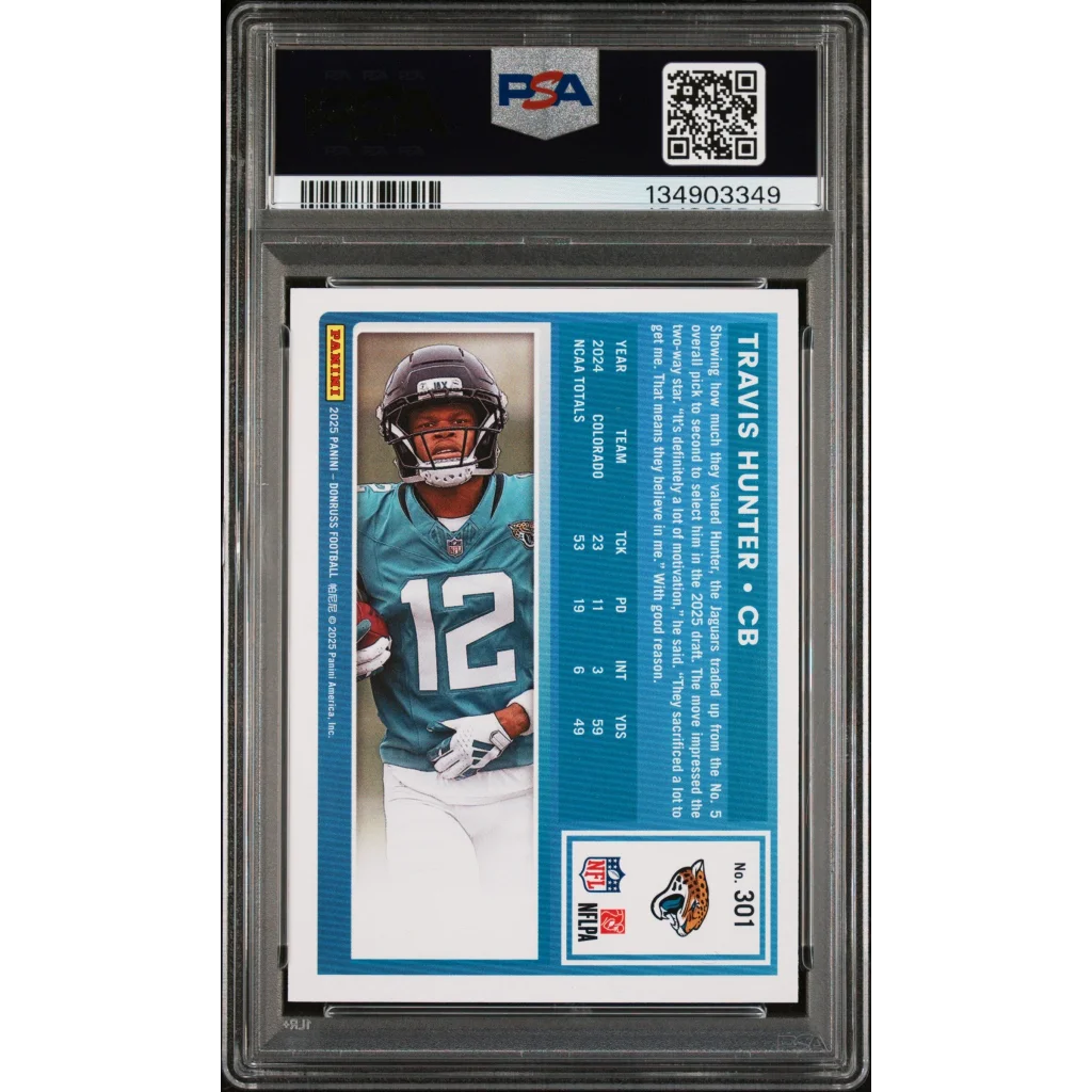 Graded 2025 Panini Donruss Travis Hunter #301 Rookie RC Football Card PSA 9 Mint | PSA 9 Mint Graded Rookie Card | vintageantiquesgifts.com