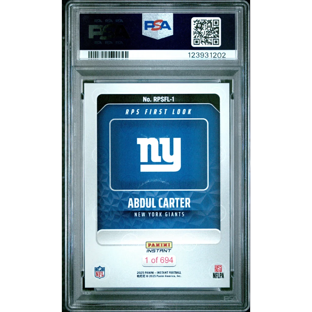 Graded PSA 10 2025 Panini Instant Abdul Carter RPS Rookie Giants Card