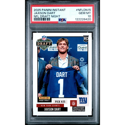 Graded 2025 Panini Instant Jaxson Dart #NFLDN15 NFL Draft Night Rookie RC Football Card PSA 10 Gem Mint | Hall of Fame Sports Memorabilia | vintageantiquesgifts.com