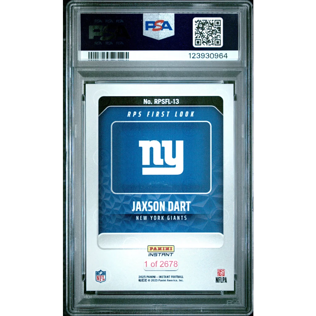PSA 10 Graded 2025 Panini Instant Jaxson Dart Rookie RC Football Card in Blue and White Slab